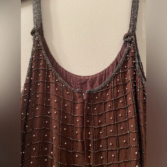 Vintage Brown Beaded Mini Dress​ Sz Med